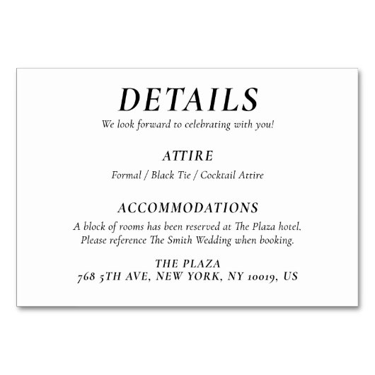 Timeless White Elegant Wedding Detail Cards Tischnummer (Vorderseite)