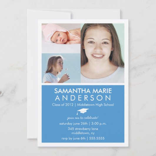 Timeline 3 Foto Abschluss Einladung - Blau (Vorderseite)