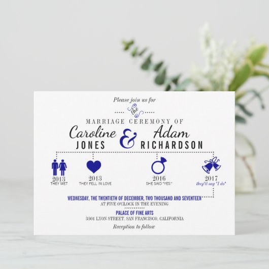 Timeline Dark Blue Hochzeit Einladung (Stehend Vorderseite)