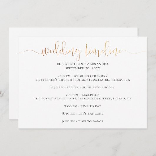 Timeline-Skript für Hochzeiten. Einfache Kalligrap Einladung (Vorne/Hinten)