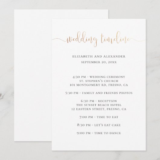 Timeline-Skript für Hochzeiten. Einfache Kalligrap Einladung (Vorne/Hinten)