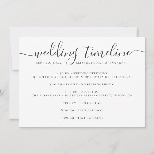 Timeline-Skript für Schwarz-Weiß-Hochzeitsfeiern Einladung (Vorderseite)