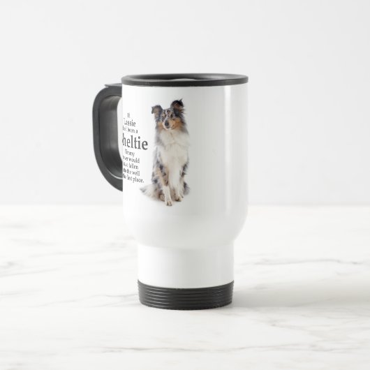 Timmy's Blue Merle Sheltie Travel Mug Reisebecher (Vorderseite Links)