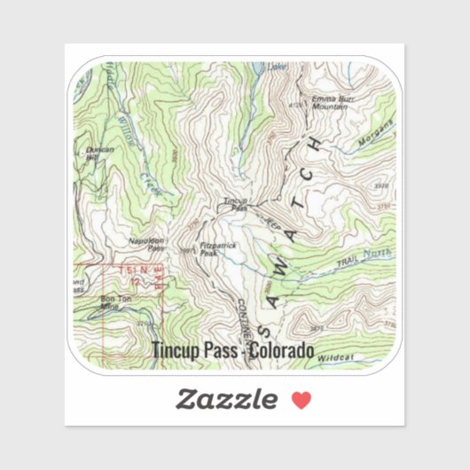 Tincup Pass Colorado Topo Aufkleber (Blatt)