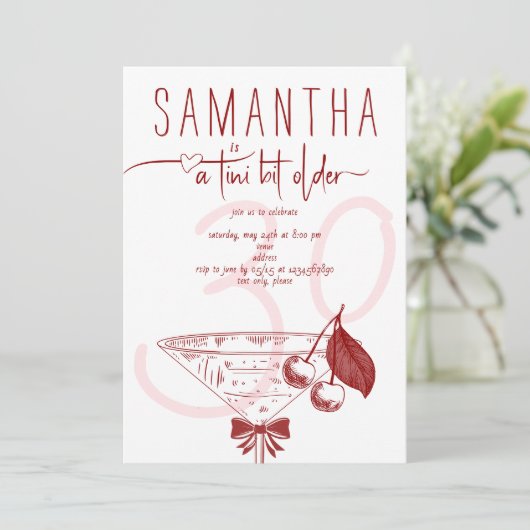 Tini Bit Older Modern Bow Cherry Martini Geburtsta Einladung (Stehend Vorderseite)