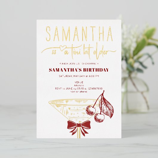 Tini Bit Older Modern Bow Cherry Martini Geburtsta Folieneinladung (Stehend vorne)