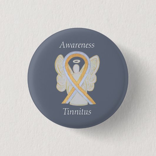 Tinnitus Gold/Silver Awareness Ribbon Angel Button (Vorderseite)