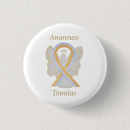 Tinnitus Gold/Silver Awareness Ribbon Angel Button (Vorderseite)