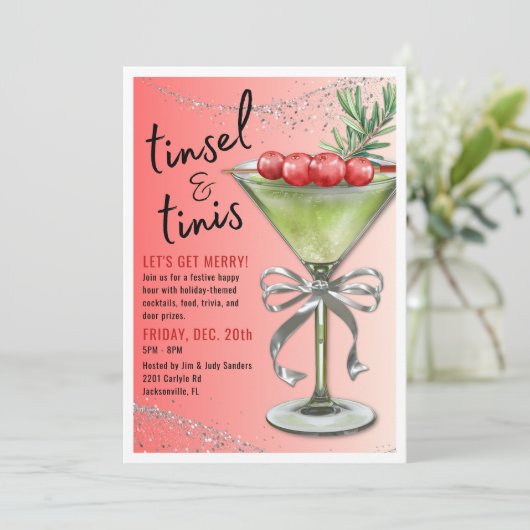 Tinsel & Tinis Holiday Party Invitation Einladung (Stehend Vorderseite)
