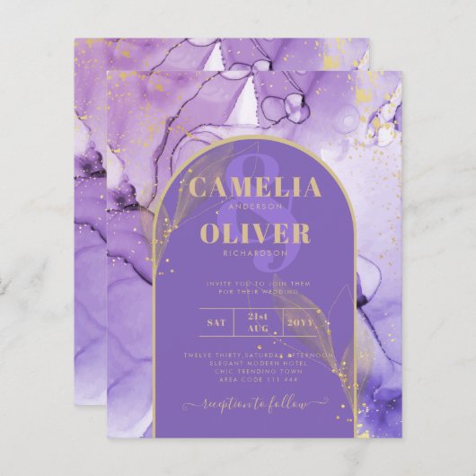 Tinte Abstrakt LILA GOLD Lavendel Wedding INVITE (Vorne/Hinten)