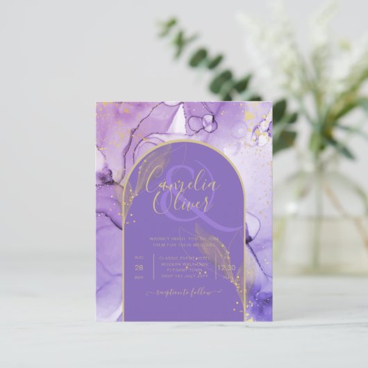 Tinte Abstrakt LILA GOLD Lavendel Wedding INVITE (Stehend Vorderseite)
