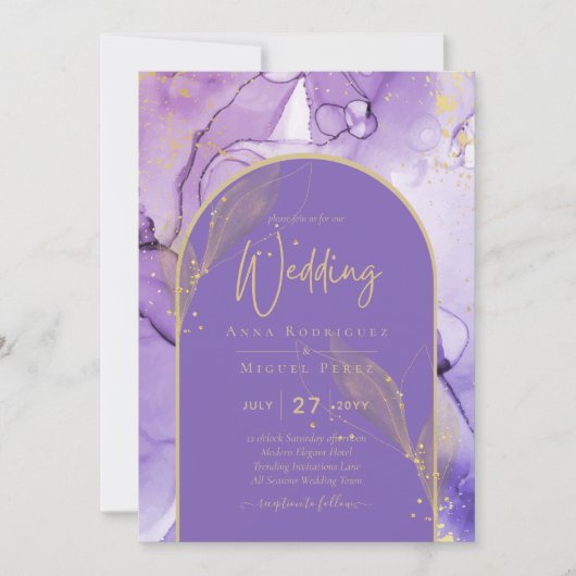 Tinte Abstrakt LILA GOLD Lavendel Wedding INVITE Einladung (Vorderseite)