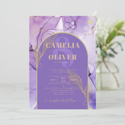 Tinte Abstrakt LILA GOLD Lavendel Wedding INVITE Einladung (Stehend Vorderseite)