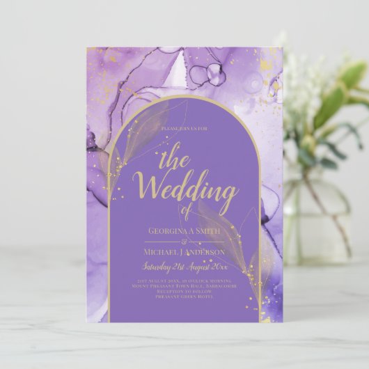 Tinte Abstrakt LILA GOLD Lavendel Wedding INVITE Einladung (Stehend Vorderseite)