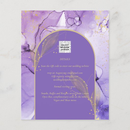 Tinte Abstrakt LILA GOLD Lavendel Wedding INVITE Flyer (Hinten)
