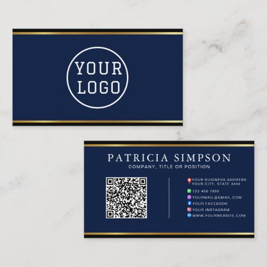 Tinte Blau & Goldrand Moderne QR-Code-Vorlage Visitenkarte (Vorne/Hinten)
