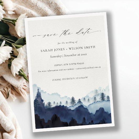 Tinte Blue Pine Woods Mountain Save the Date Card Dankeskarte