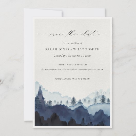 Tinte Blue Pine Woods Mountain Save the Date Card Dankeskarte (Vorderseite)