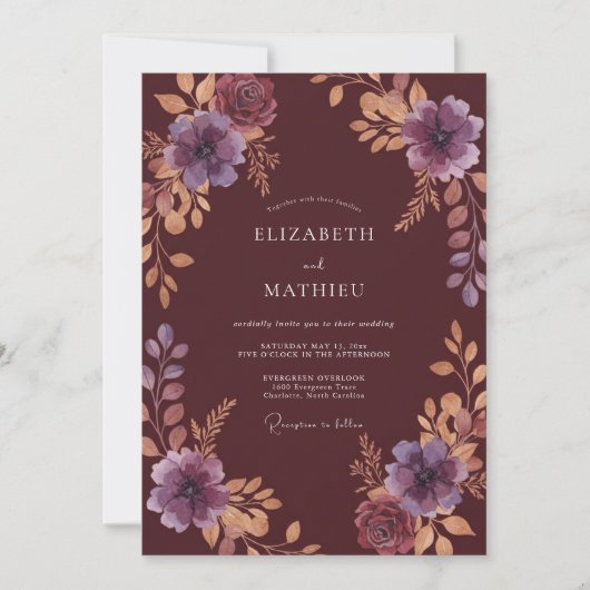 Tinte Pflaume Bernstein Blättrige Hochzeit Einladung (Vorderseite)