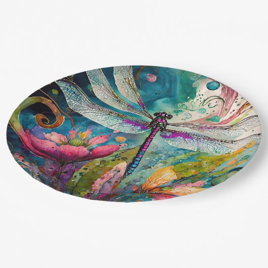 Tinte und Pen Wasserfarbendragonfly Pappteller (Schrägansicht)