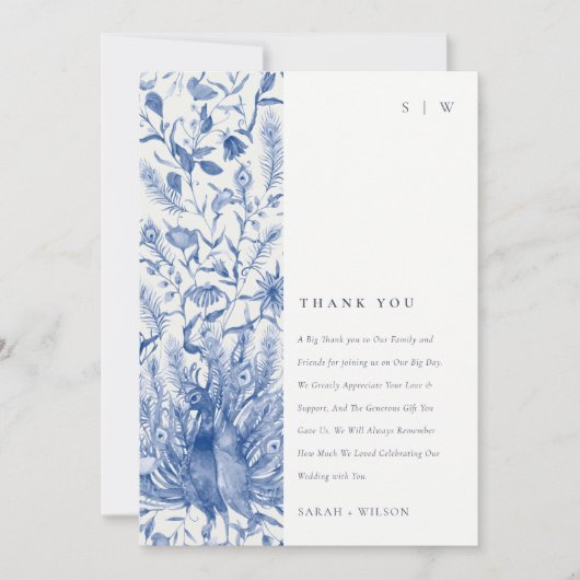 Tintenblauer Verzierte Wasserfarbenpfauenhochzeit Dankeskarte (Vorderseite)