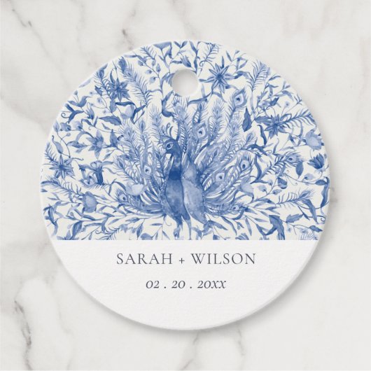 Tintenblauer Verzierte Wasserfarbenpfauenhochzeit Geschenkanhänger (Vorderseite)