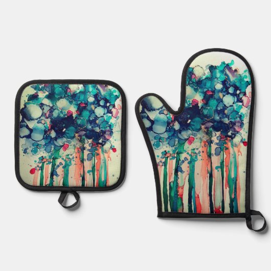 Tintenblumen Ofenhandschuh & Topflappen-Set (Vorderseite)