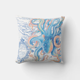 Tintenfisch Blau Vintage Karte Chic Aquarell Kissen
