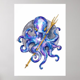 Tintenfisch mit Dreizack Aquarell Poster