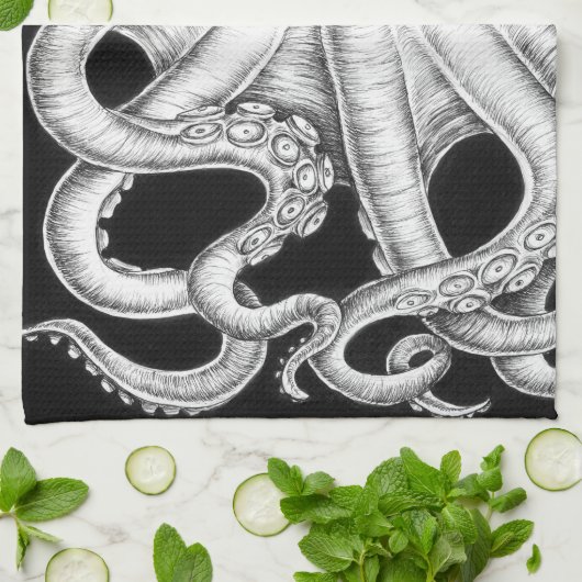 Tintenfisch Schwarz-Weiß Geschirrtuch (Gefaltet)