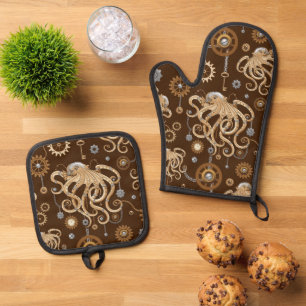 Tintenfisch Steampunk Retro Mechanische Fantasie Ofenhandschuh & Topflappen-Set