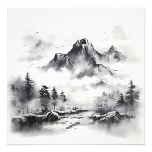 Tintengemälde Berge Sumi-e Fotodruck