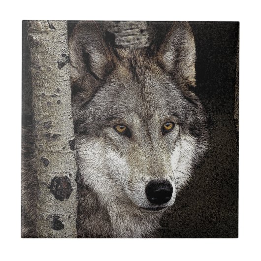 Tintenkunst Fliese oder Trivet des grauen Wolfs (Vorderseite)