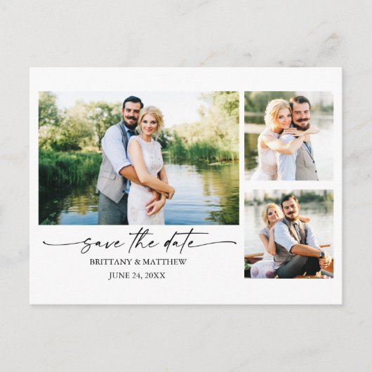 Tintenstift Skript Couple 3 Foto Save the Date Postkarte (Vorderseite)