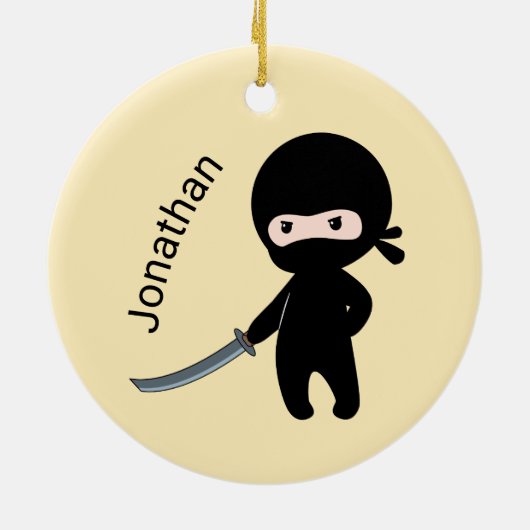 Tiny Angry Ninja, Individuelle Name auf Gelb Keramik Ornament (Hinten)