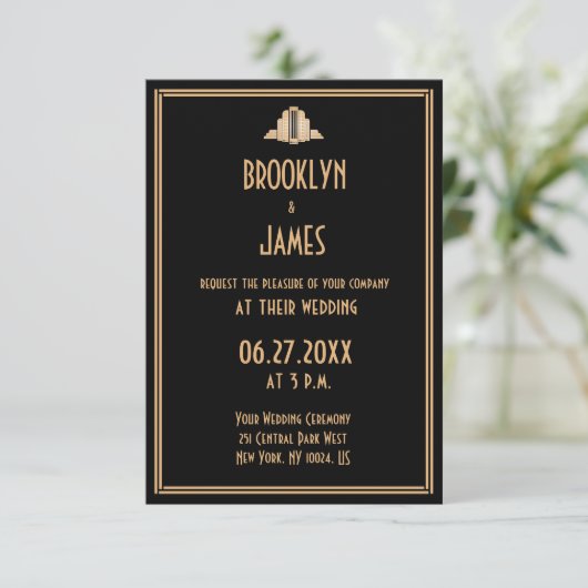 Tiny Art Deco Black Great Gatsby Wedding lädt ein Einladung (Stehend Vorderseite)