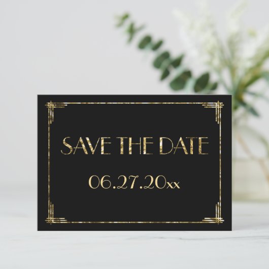 Tiny Art Deco Gold Foil Wedding Save the Date Card (Stehend Vorderseite)