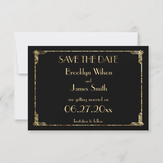 Tiny Art Deco Gold Foil Wedding Save the Date Card (Rückseite)
