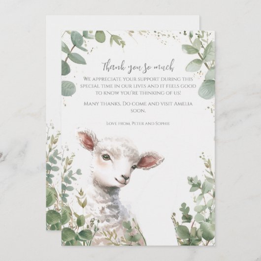 Tiny Baby Lamb und Eukalyptus-Taufe Dankeskarte (Vorne/Hinten)