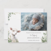 Tiny Baby Lamb und Eukalyptus-Taufe Dankeskarte (Vorderseite)