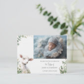 Tiny Baby Lamb und Eukalyptus-Taufe Dankeskarte (Stehend Vorderseite)