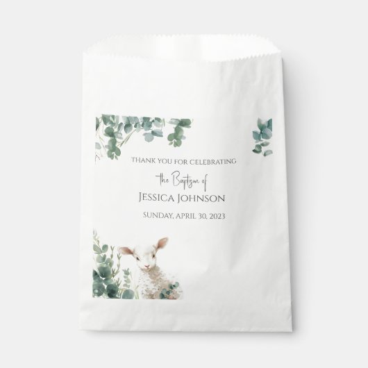 Tiny Baby Lamb und Eukalyptus-Taufe Geschenktütchen (Vorderseite)