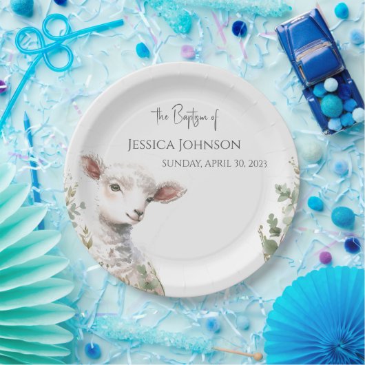 Tiny Baby Lamb und Eukalyptus-Taufe Pappteller (Party)