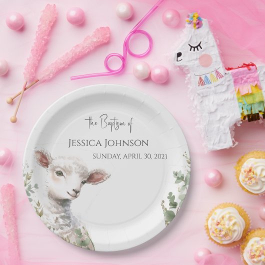 Tiny Baby Lamb und Eukalyptus-Taufe Pappteller (Party)
