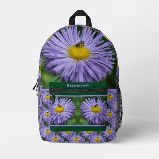 Tiny Bee on Lila Aster Blume Personalisiert Bedruckter Rucksack (Vorderseite)