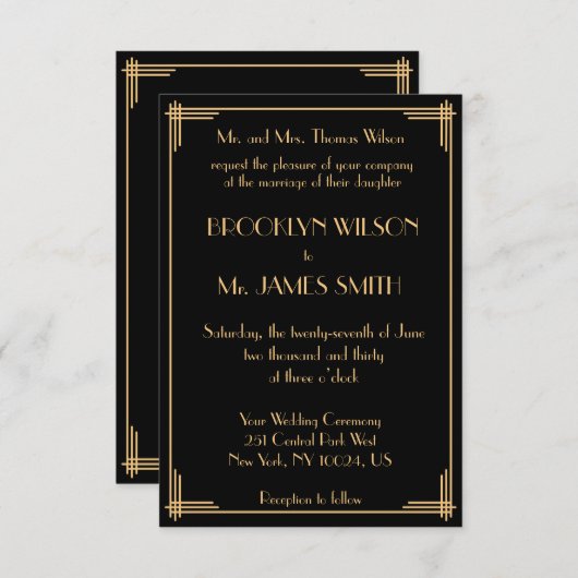 Tiny Black Great Gatsby Art Deco Wedding lädt ein Einladung (Vorne/Hinten)