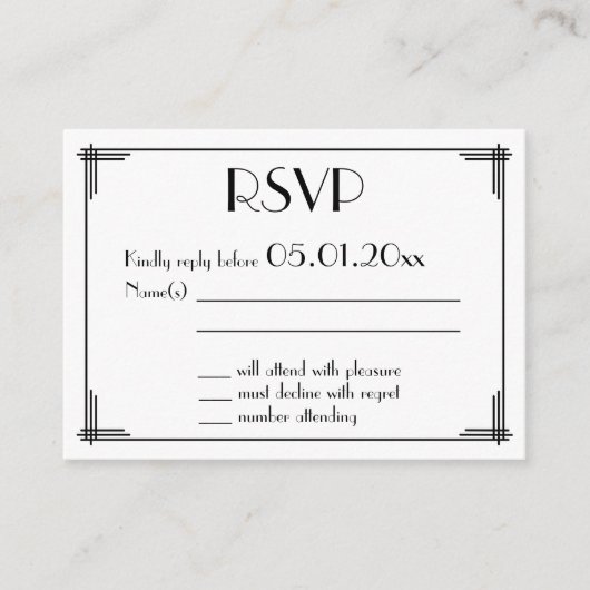Tiny Black Great Gatsby Art Deco Wedding RSVP Begleitkarte (Vorderseite)