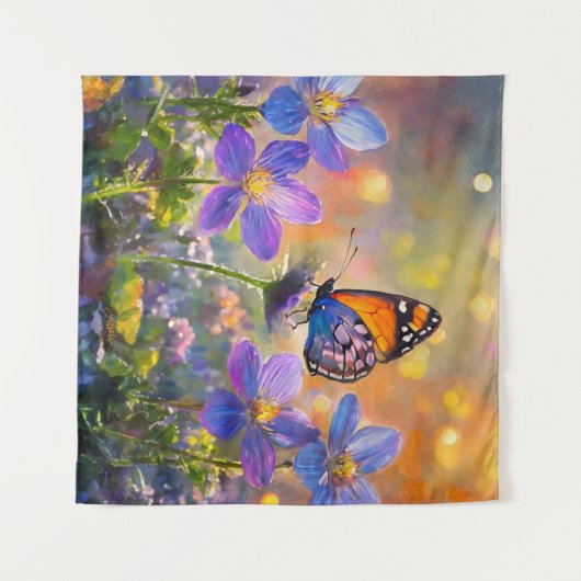 Tiny Butterfly On Wildblumen bei Sunrise Wandteppich (Vorderseite (Horizontal))