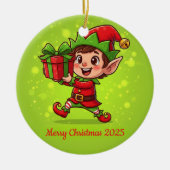Tiny Christmas Elf with Gift Personalized 2025  Keramik Ornament (Vorne)