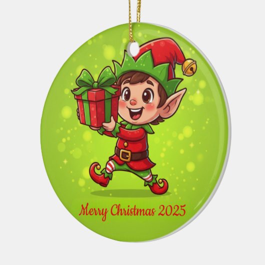 Tiny Christmas Elf with Gift Personalized 2025  Keramik Ornament (Links)